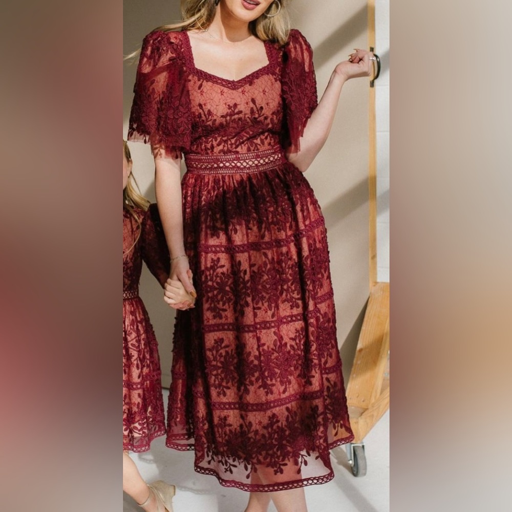 Burgundy lace midi dress